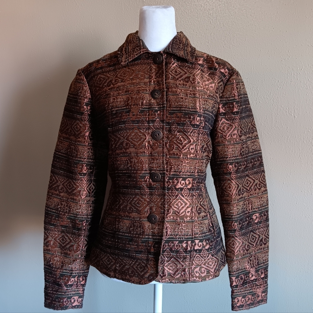 Vintage Western Tapestry Jacket Coldwater Creek Golden Brown Womens Small Coat